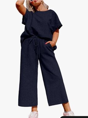 Navy Wide-Leg High-Waist Short Sleeve Lounge Set